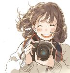 1girl :d ^_^ adjusting_camera bangs beige_shirt blush brown_hair camera closed_eyes commentary_request eyes_closed facing_viewer highres holding holding_camera kana_(okitasougo222) long_sleeves open_mouth original short_hair smile solo sweatshirt upper_body white_background 