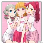  3girls :d aida_rikako artist_name bangs black_border blue_eyes blush border clothes_writing commentary_request grey_hair hair_ribbon hand_on_another&#039;s_shoulder hand_on_own_chin highres inami_anju looking_at_viewer love_live! love_live!_sunshine!! low_twintails morimaiko multiple_girls open_mouth orange_hair photo-referenced pink_background pink_skirt pleated_skirt ponytail puckered_lips red_eyes red_hair red_ribbon red_skirt ribbon saitou_shuka sakurauchi_riko seiyuu_connection shirt short_hair short_sleeves short_twintails skirt smile takami_chika twintails watanabe_you white_shirt white_skirt yellow_eyes 