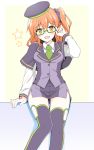  1girl :d adjusting_eyewear eyebrows_visible_through_hair fate/grand_order fate_(series) fujimaru_ritsuka_(female) glasses green-framed_eyewear green_neckwear hair_ornament hair_scrunchie hat long_hair long_sleeves miniskirt necktie open_mouth orange_hair pencil_skirt purple_capelet purple_hat purple_legwear purple_scrunchie purple_skirt rui_shi_(rayze_ray) scrunchie semi-rimless_eyewear shirt side_ponytail side_slit sitting skirt smile solo star thighhighs under-rim_eyewear white_background white_shirt yellow_eyes zettai_ryouiki 