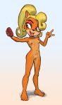  2019 4_fingers 4_toes anthro bandicoot blonde_hair breasts coco_bandicoot crash_bandicoot_(series) female fur green_eyes grin hair hi_res mammal marsupial nipples nude orange_fur pears_(artist) ponytail pose pussy selfie simple_background smile solo standing toes tongue tongue_out v_sign video_games young 