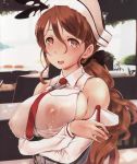  1girl blush breasts brown_eyes brown_hair covered_nipples highres kantai_collection lactation lactation_through_clothes littorio_(kantai_collection) long_hair looking_at_viewer open_mouth smile solo user_zpfm4377 