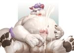  2019 anthro balls behemoth_(housamo) belly cum cute_fangs ejaculation erection fur hi_res horn humanoid_hands humanoid_penis male monster moobs nipples overweight overweight_male penis seyrmo simple_background sitting solo tokyo_afterschool_summoners video_games white_fur 