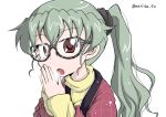  1girl :o alternate_costume anchovy artist_request brown_eyes drill_hair eyebrows_visible_through_hair girls_und_panzer glasses green_hair hair_ribbon heavy_breathing long_hair long_sleeves looking_at_viewer ponytail ribbon simple_background skirt solo twin_drills 