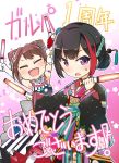  2girls :d ? anniversary armlet arms_up bang_dream! black_hair black_kimono blue_flower bow brown_hair commentary_request elbow_gloves eyes_closed floral_print flower gloves glowstick hair_bow hair_bun hair_flower hair_ornament hair_stick holding japanese_clothes kimono looking_at_viewer mitake_ran multicolored_hair multiple_girls open_mouth purple_eyes red_flower red_hair short_hair smile star streaked_hair striped striped_bow toto_nemigi toyama_kasumi translation_request v-shaped_eyebrows white_flower white_gloves 