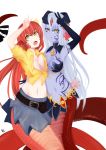 2girls alisfieze_fateburn_xvi black_gloves blue_skin fang flower gloves hair_between_eyes hair_flower hair_ornament highres horns lamia long_hair looking_at_viewer miia_(monster_musume) mon-musu_quest! monster_girl monster_musume_no_iru_nichijou multiple_girls open_mouth pointy_ears red_hair scales shirt skirt slit_pupils snake_tail tagme tail tattoo tied_shirt v white_background white_hair yellow_eyes 