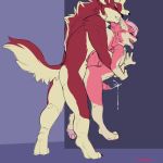 2019 anthro butt canid canine canis cum cumshot duo ejaculation erection from_behind_(disambiguation) fur hi_res humanoid_penis keishinkae lazzie male male/male mammal nude oral orgasm penetration penis pink_fur red_fur sex simple_background wolf 