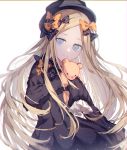  1girl abigail_williams_(fate/grand_order) absurdres bangs black_bow black_dress black_hat blonde_hair blue_eyes bow closed_mouth commentary_request deep_(deep4946) dress fate/grand_order fate_(series) forehead hair_bow hat highres long_hair long_sleeves looking_at_viewer object_hug orange_bow parted_bangs polka_dot polka_dot_bow sleeves_past_fingers sleeves_past_wrists smile solo stuffed_animal stuffed_toy teddy_bear very_long_hair white_background 