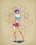  1girl absurdres arms_at_sides ayanami_rei blue_hair breasts casual closed_mouth collarbone commentary contrapposto crop_top doolio english_commentary expressionless eyebrows female flats full_body groin hexagon highres legs_apart long_legs lowleg lowleg_shorts navel neon_genesis_evangelion pigeon-toed pink_shorts red_eyes shirt short_hair shorts small_breasts solo standing stomach summer t-shirt 