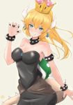  black_nails blonde_hair blue_eyes bowser bowsette_meme bracelet breasts clothed clothing collar colored_nails cute_fangs dress ear_piercing female hair hazuki_futahi horn humanoid jewelry looking_at_viewer mario_bros nintendo piercing pointy_ears smile solo spiked_armlet spiked_bracelet spiked_collar spiked_shell spiked_tail spikes super_crown video_games 