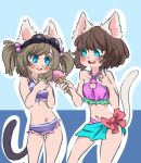  2girls animal_ears bikini blue_eyes brown_hair cat_ears cat_girl cat_tail hair_ribbon ice_cream_cone moneko_(battle_cats) multiple_girls neneko nyanko_daisensou ribbon sheepundoodles swimsuit tail 