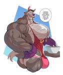  anthro apron body_hair boosterpang bulge canid canine canis chest_hair chip_the_wolf clothing cookie_crisp dialogue english_text huge_pecs looking_at_viewer male mammal muscular muscular_male nipple_piercing nipples open_mouth piercing smile solo text underwear wolf 