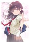  1girl bag bangs black_sailor_collar blurry blurry_background blurry_foreground brown_eyes brown_hair brown_shirt brown_skirt cherry_blossoms chikuwa_(odennabe) closed_mouth commentary_request depth_of_field fingernails foreshortening head_tilt long_hair long_sleeves neckerchief original outstretched_arm petals pleated_skirt red_neckwear sailor_collar school_bag school_uniform serafuku shirt skirt smile solo 