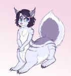  2019 ambiguous_gender black_hair blue_eyes catnamedfish chakat claws felid felid_taur fur grey_fur hair hi_res mammal nude pink_nose shy solo taur young 