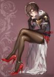  1boy anklet armor brown_hair doushite granblue_fantasy high_heels hood hood_down jewelry leggings legs_crossed male_focus red_eyes sandalphon_(granblue_fantasy) shoes short_hair sitting solo 