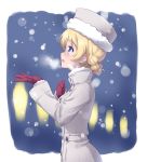  1girl absurdres blonde_hair blue_eyes blurry braid breath commentary darjeeling eyebrows_visible_through_hair from_side fur-trimmed_hat girls_und_panzer grey_coat grey_hat highres kuzuryuu_kennosuke light_blush long_sleeves night open_mouth outdoors purple_eyes short_hair smile snow solo standing tied_hair twin_braids upper_body winter_clothes 