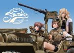  3girls abazu-red alisa_(girls_und_panzer) arm_support arms_behind_head bangs black_footwear black_shirt black_shorts blonde_hair blue_eyes blue_shorts blue_sky boots brown_eyes brown_hair brown_jacket browning_m2 car closed_mouth cursive day denim denim_shorts driving emblem english_text freckles girls_und_panzer goggles goggles_on_headwear green_hat grin ground_vehicle hair_intakes hat helmet jacket jeep kay_(girls_und_panzer) leg_up legs light_frown long_hair long_sleeves looking_at_viewer military military_uniform military_vehicle motor_vehicle multiple_girls naomi_(girls_und_panzer) open_clothes open_jacket open_mouth outdoors parted_lips saunders_(emblem) saunders_military_uniform shadow shirt short_hair short_shorts short_twintails shorts signature sitting sky sleeveless_jacket smile smirk star thighhighs twintails twitter_username uniform very_short_hair white_legwear zipper 