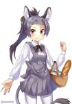  1girl animal_ear_fluff arm_up baguette basket black_neckwear blue_hair blush bow bowtie bread breasts carrying clenched_hand cowboy_shot donkey_(kemono_friends) donkey_ears donkey_tail dress food gradient_hair grey_dress japari_bun kemono_friends long_sleeves looking_at_viewer multicolored_hair open_hand orange_eyes pantyhose pinafore_dress ponytail shirt simple_background small_breasts smile solo souichitei standing twitter_username white_background white_legwear white_shirt 