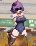  1girl arms_behind_back ball_gag bdsm blindfold blush bondage bound breasts classroom collar erect_nipples eudetenis fate/grand_order fate_(series) full-face_blush gag gagged hair_ornament highres katsushika_hokusai_(fate/grand_order) purple_hair pussy_juice rope school_swimsuit shibari short_hair slave solo sweat swimsuit tears thighhighs wooden_horse 