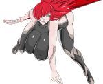  ass blood breasts curvy huge_ass huge_breasts plump red_hair sagging_breasts sitting sword thick tights weapon yellow_eyes 