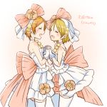  2girls :d ^_^ back_bow blush bow camellia closed_eyes commentary_request dress earrings eyes_closed face-to-face flower gloves hair_bow hair_flower hair_ornament hand_holding hoshizora_rin jewelry koizumi_hanayo light_brown_hair love_live! love_live!_school_idol_project love_wing_bell morimaiko multiple_girls open_mouth orange_hair pom_pom_(clothes) short_hair smile thighhighs veil white_dress white_gloves white_legwear 