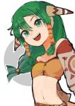  1girl breasts commentary_request feena_(grandia) grandia grandia_i green_eyes green_hair hair_ornament hair_tubes jewelry long_hair looking_at_viewer low-tied_long_hair midriff navel simple_background smile solo white_background 
