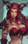  1girl alexstrasza breasts cleavage commentary_request cutesexyrobutts eyebrows_visible_through_hair glowing glowing_eyes hand_in_hair highres horn_ornament horns large_breasts long_eyebrows long_hair looking_at_viewer midriff navel orange_eyes red_hair solo warcraft world_of_warcraft yellow_eyes 
