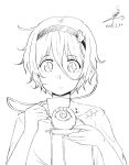  1girl commentary_request cup dated hair_between_eyes hairband heart highres holding holding_cup holding_saucer komeiji_satori light_frown looking_at_viewer monochrome saucer shirt short_hair signature solo teacup third_eye touhou tsukigi upper_body 