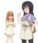  2girls alternate_hairstyle bag bangs black_hair black_legwear blue_shirt blunt_bangs braid brown_eyes carrying casual clenched_hands dress eyebrows_visible_through_hair fr33 frilled_dress frills frown girls_und_panzer hairband highres hood hoodie long_hair looking_at_another looking_back medium_dress multiple_girls no_hairband open_mouth orange_eyes orange_hair pantyhose pinafore_dress reizei_mako salute satchel shirt short_dress short_sleeves simple_background smile standing takebe_saori twin_braids twintails two-finger_salute white_background white_dress white_hairband yellow_dress 