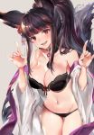  1girl animal_ears bangs bare_shoulders bell bikini black_bikini black_hair blush breasts choker cleavage collarbone erune eyeliner fang fox_ears fox_tail granblue_fantasy grey_background groin hair_bell hair_ornament highres hinahino jingle_bell large_breasts long_hair looking_at_viewer makeup navel off_shoulder open_mouth red_eyes simple_background smile solo stomach swimsuit tail very_long_hair yuel_(granblue_fantasy) 