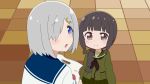  2girls bag black_hair blue_eyes blush braid derivative_work hair_ornament hair_over_one_eye hairclip hamakaze_(kantai_collection) hoshino_miyako_(wataten) kantai_collection kitakami_(kantai_collection) long_hair looking_at_viewer matsumoto_yuu multiple_girls open_mouth parody school_uniform shiny shiny_skin short_hair style_parody sugapi tied_hair trait_connection uniform watashi_ni_tenshi_ga_maiorita! white_hair younger 