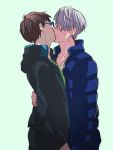  2boys absurdres black_hair blue-framed_eyewear glasses green_background hand_on_another&#039;s_back highres jacket katsuki_yuuri kiss male_focus multiple_boys nagi_(adgjmptw123456) silver_hair track_jacket viktor_nikiforov yaoi yuri!!!_on_ice 