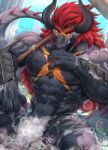  2019 abs anthro batzz_(buddyfight) blush bubble claws convenient_censorship dragon front_view future_card_buddyfight hair hi_res horn looking_at_viewer male muscular muscular_male navel nude pecs rabbity red_eyes red_hair sitting soap teeth wet 