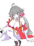  1girl ahoge bare_shoulders blush breasts cleavage large_breasts long_hair low_twintails lyrical_denko open_mouth purple_eyes senki_zesshou_symphogear silver_hair sketch solo thighhighs twintails very_long_hair yukine_chris 