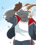  black_fur bovid caprine eyewear fur glasses goat grin hair hi_res male mammal nunutaro3 simple_background smile tanngrisnir_(tas) tokyo_afterschool_summoners tracksuit video_games white_hair windy 