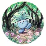  blush_stickers commentary creature creatures_(company) english_commentary flower full_body game_freak gen_1_pokemon grass highres nintendo oddish oliver_hamlin outdoors plant pokemon pokemon_(creature) signature smile solo standing standing_on_one_leg 