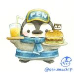  artist_name bird black_eyes blue_hat blush cup drinking_straw flag food hamburger hat holding holding_plate looking_at_viewer no_humans original penguin plate signature simple_background st.kuma twitter_username white_background 
