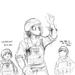  2019 anthro armor army black_and_white blood canid canine canis clothed clothing dialogue digital_media_(artwork) domestic_dog english_text female fur group helmet hi_res hladilnik male mammal military military_uniform monochrome open_mouth samantha_thott shrapnel_wound simple_background surprise text uniform worried wounded 