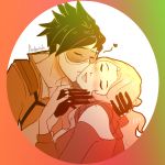  blush couple emily_(overwatch) eyes_closed goggles hair heart highres kiss long_hair overwatch scarf short simple_background spiky_hair tracer_(overwatch) watermark white_background yuri 