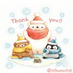  artist_name bear bird black_eyes blue_hat blue_scarf blush english_text green_hat hat looking_at_viewer mole no_humans original penguin polar_bear red_hat red_scarf scarf signature snow snowflakes st.kuma standing yellow_hat yellow_scarf 