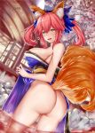  1girl animal_ears ass bare_shoulders blush bow breasts fate/grand_order fate_(series) fox_ears fox_tail hair_bow highres japanese_clothes kimono large_breasts long_hair looking_at_viewer looking_back no_panties open_mouth orange_eyes pink_hair shiny shiny_hair shiny_skin sideboob smile solo tail tamamo_(fate)_(all) tamamo_no_mae_(fate) toyoman twintails wet wet_clothes wet_skin 