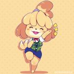  2018 animal_crossing anthro black_nose blonde_hair blush blush_stickers breasts canid canine canis clothing dipstick_tail domestic_dog doshmobile emanata eyes_closed female floppy_ears fur hair isabelle_(animal_crossing) mammal motion_lines multicolored_tail nintendo open_mouth solo tailwag video_games white_fur yellow_fur 