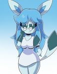  2019 anthro anyglaceon_(mintyspirit) breasts butt clothed clothing digital_media_(artwork) eeveelution eyewear fan_character female glaceon glasses hair hi_res mammal mintyspirit nintendo pok&eacute;mon pok&eacute;mon_(species) simple_background solo video_games 