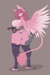  2019 ami_(character) anthro avian blue_eyes breasts butt clothing conditional_dnp digital_media_(artwork) feathered_wings feathers female fingerless_gloves gloves grey_background gryphon gun hair hi_res holding_object holding_weapon legwear looking_back nipples pink_hair ranged_weapon simple_background solo underwear weapon wings wyntersun 