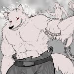  2014 athletic belt clothed clothing duo flat_chested fluffy gnoll horn hyaenid kobold lagotrope larger_male long_ears lumei magic male mammal monochrome muscular red_eyes reptile scalie shorts simple_background size_difference skirt topless wet 