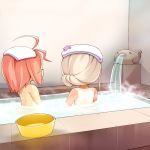  2girls ahoge back bare_shoulders bath bathing bathroom bathtub fish fish_statue flower hair_flower hair_ornament i-58_(kantai_collection) kantai_collection long_hair looking_at_another mofu_namako multiple_girls nude one-piece_tan partially_submerged pink_hair ro-500_(kantai_collection) short_hair steam tan tanline tied_hair towel towel_on_head water white_hair 