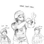  2019 anthro armor army begging black_and_white blood canid canine canis clothed clothing dialogue digital_media_(artwork) domestic_dog english_text female fur group hair helmet hi_res hladilnik humanoid_hands male mammal military military_uniform monochrome open_mouth samantha_thott shrapnel_wound simple_background smile surprise text uniform worried wounded 