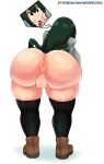  1girl :p anus ass asui_tsuyu boku_no_hero_academia fat_mons from_behind full_body highres huge_ass mato_spectoru puffy_vulva pussy school_uniform smile solo thighhighs thought_bubble tongue tongue_out uncensored 