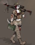  2019 anthro armor army bandage bandolier blood breasts bullet bulletproof_vest canid canine canis clothed clothing digital_media_(artwork) female fur gun helmet hi_res hladilnik holding_object holding_weapon humanoid_hands machine_gun mammal midriff military military_uniform navel open_mouth ranged_weapon samantha_thott simple_background smile smoke_from_gun solo stitches uniform weapon wounded 