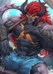  2019 abs anthro batzz_(buddyfight) claws clothing dragon front_view hair hi_res horn looking_at_viewer male muscular muscular_male navel pants pecs rabbity red_eyes red_hair sitting teeth wet 
