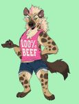  2018 anthro claws clothed clothing denim_shorts digital_media_(artwork) english_text eyeshadow faintsun female fur hair hi_res hyaenid inner_ear_fluff looking_at_viewer makeup mammal notched_ear shirt shorts simple_background smile solo spotted_hyena tank_top text tongue tongue_out yellow_sclera 